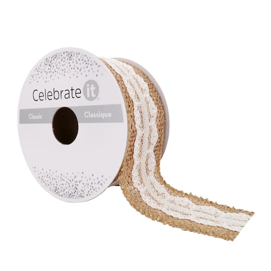 1.5&#x22; x 3yd. Faux Burlap &#x26; Lace Wired Ribbon by Celebrate It&#xAE; Classic